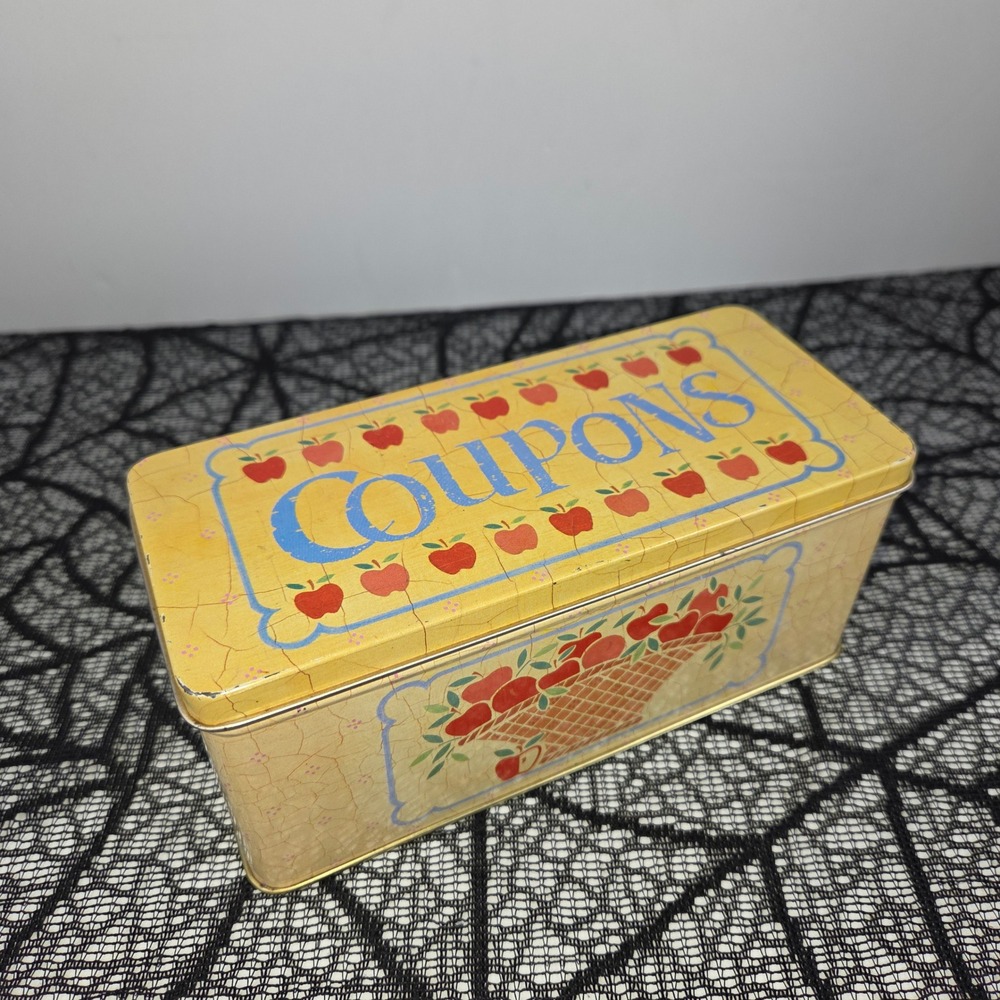Vintage 1989 Current Inc Autumn Apples Coupon Tin Yellow Metal Storage Box